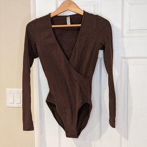 American Apparel - Dark Brown Cotton Spandex Long Sleeve Cross Wrap V Bodysuit